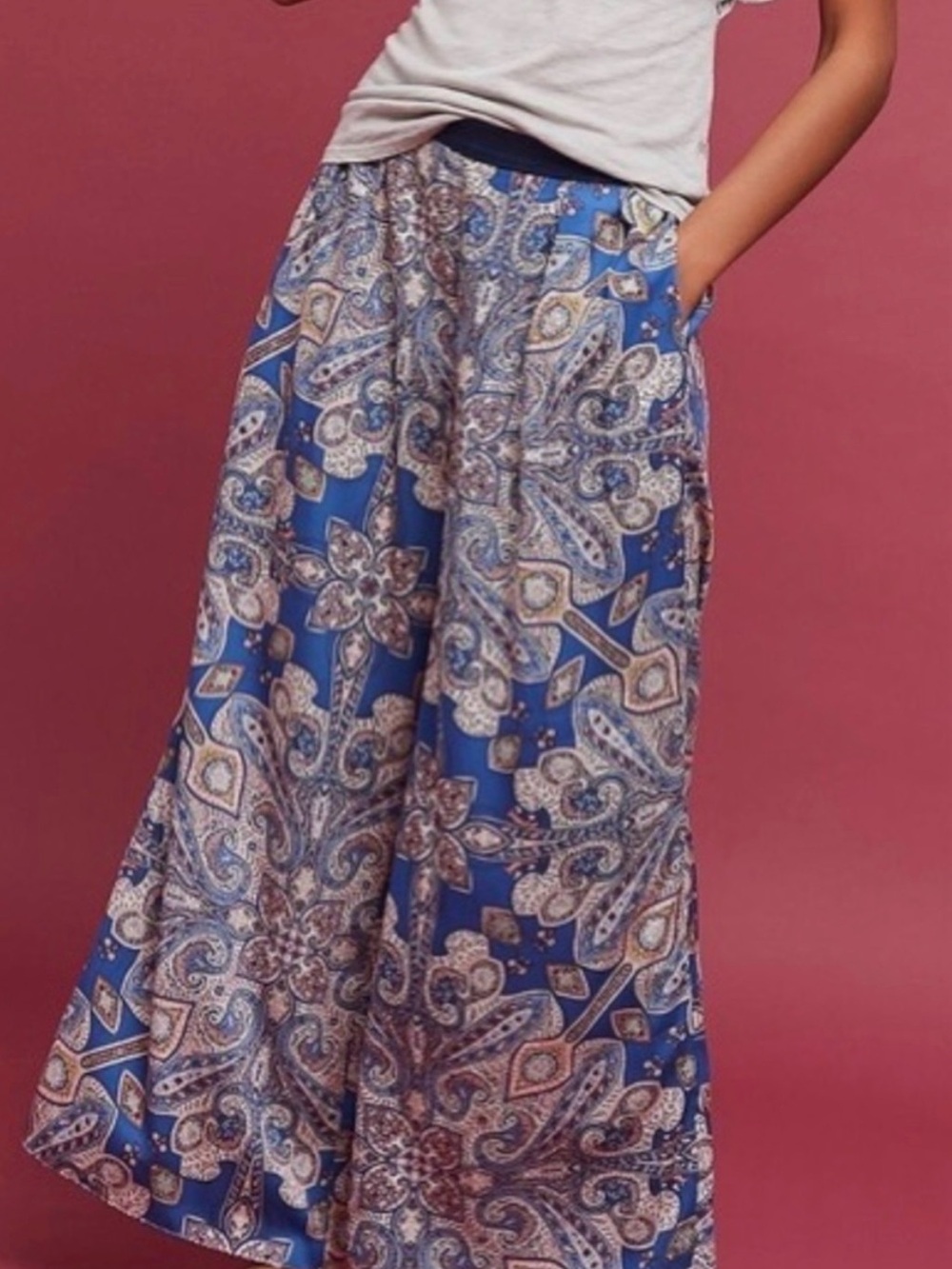 Anthropologie Elevenes Navy Paisley Palazzo Pants with Cream and Tan Accents